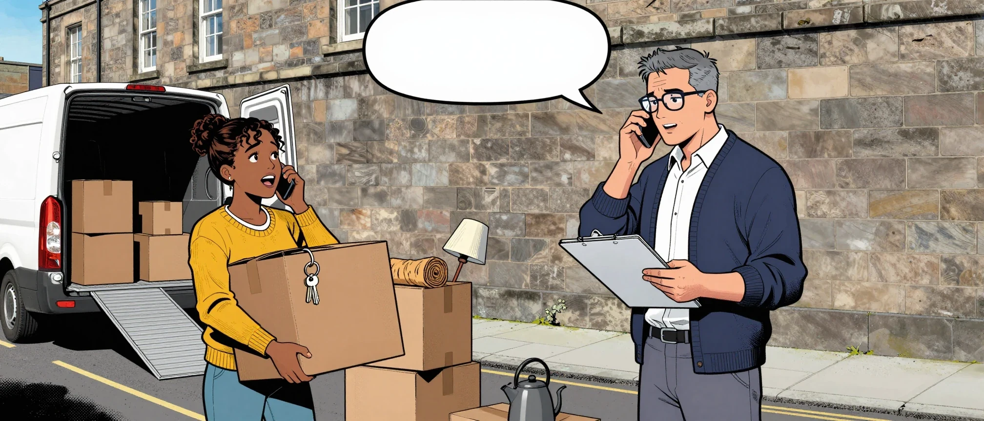 A hectic move-in day outside 12 Marchmont Street: a removal van with its ramp down, stacked boxes, Maya on the phone carrying a box with the keys on top, Sam the property manager with a clipboard, phone to his ear
