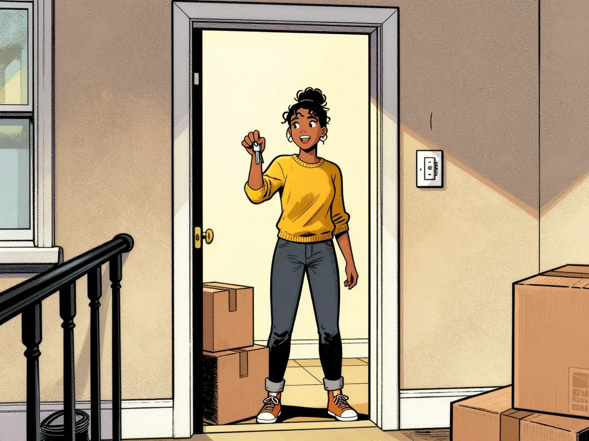 Maya in the doorway of her new flat on move-in day, holding the keys, boxes at her feet, a QR sticker on the wall beside the light switch