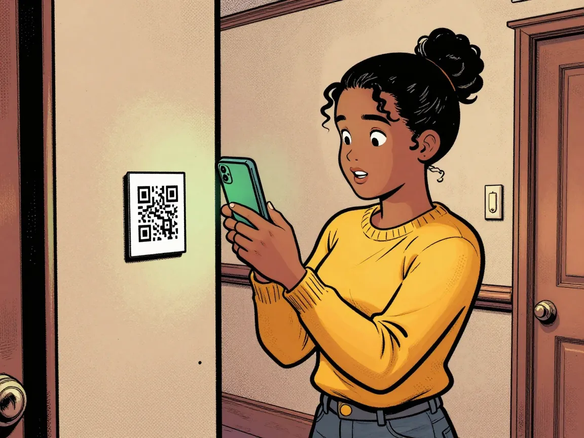 Maya holds her phone up to the QR sticker beside the light switch; the screen glows green
