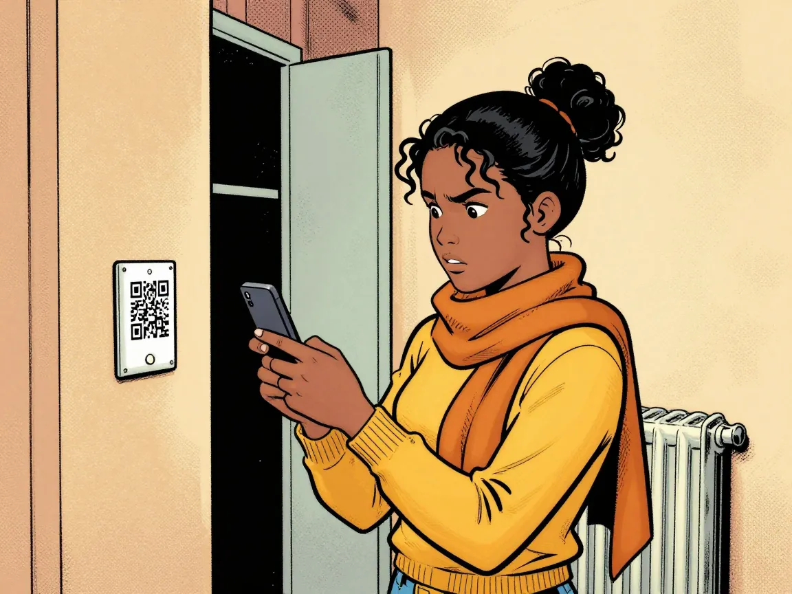 Maya scans the QR sticker again beside the open boiler cupboard, phone in hand, determined