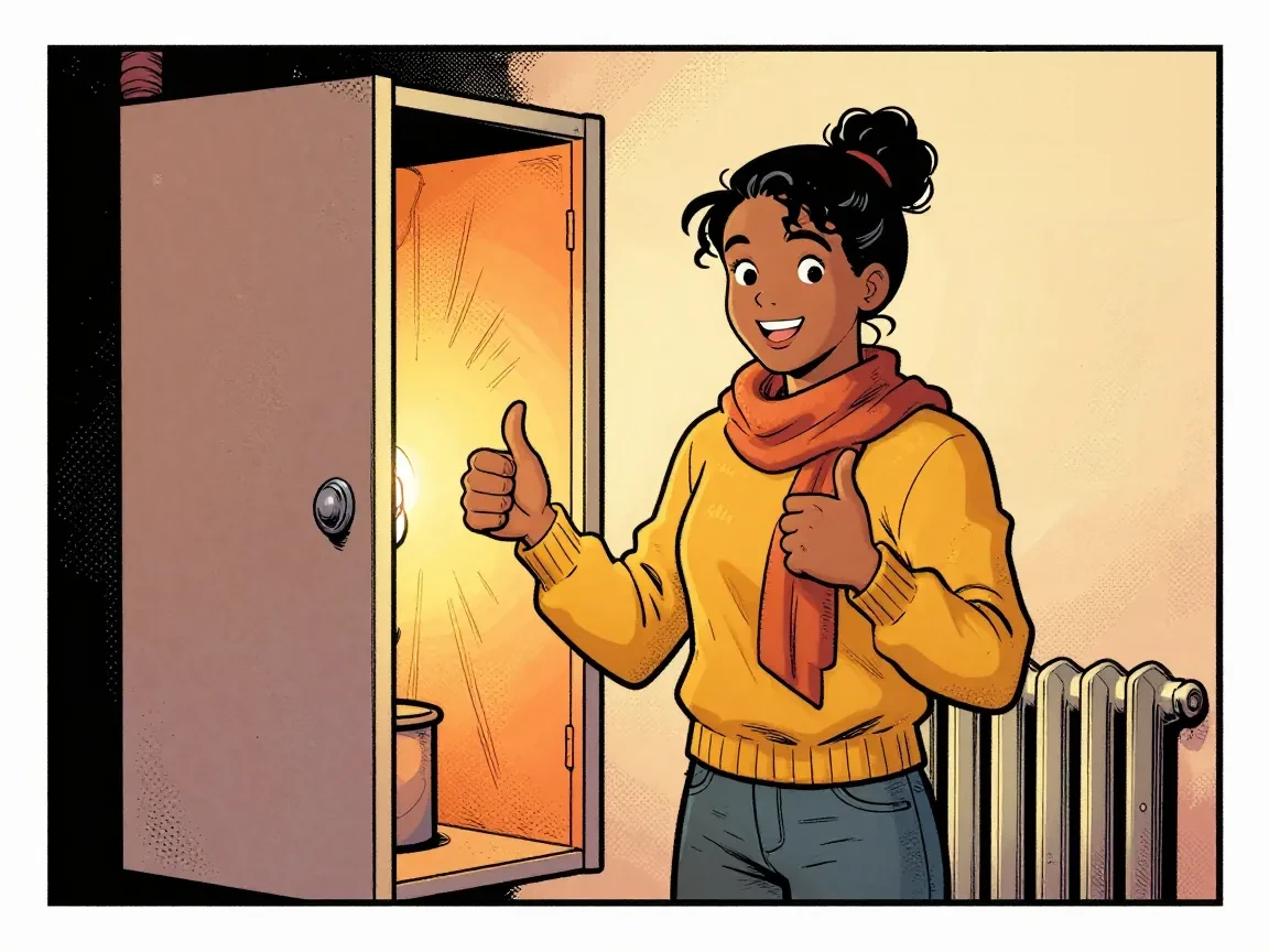 Maya gives a thumbs up beside the boiler cupboard, now glowing warm, scarf off