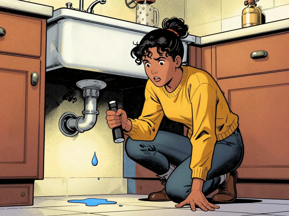 Maya crouches under the open kitchen sink with a torch as a drip falls from the pipe joint into a puddle