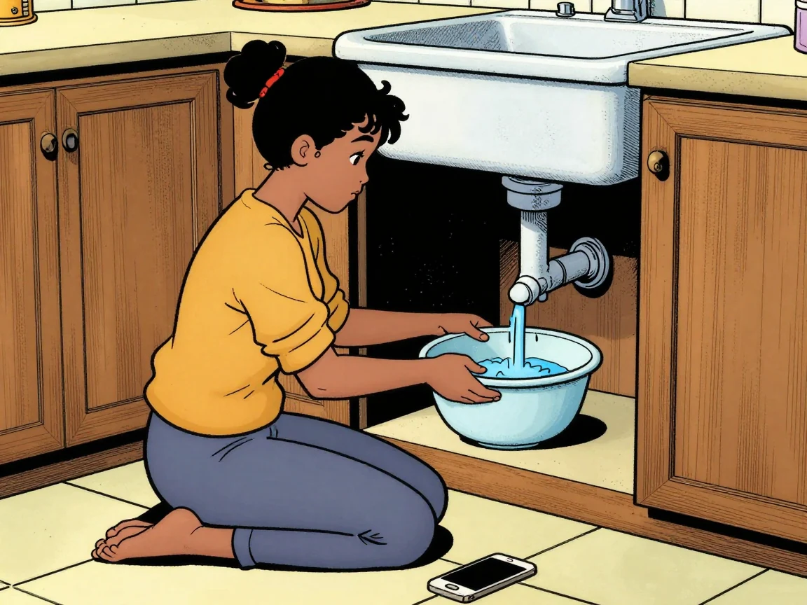 Maya kneels at the open cupboard and slides a washing-up bowl under the dripping pipe, her phone on the floor beside her