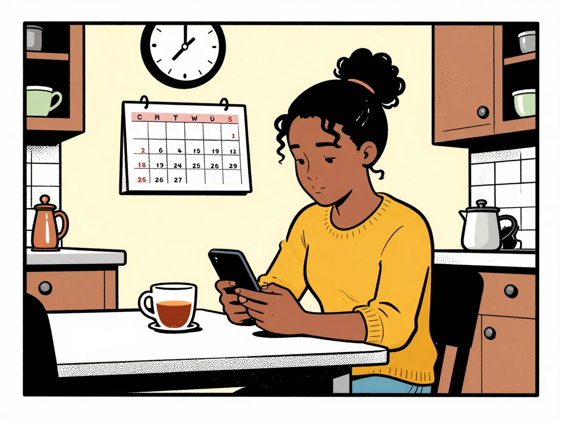 Maya at the kitchen table typing on her phone, a mug of tea beside her, a wall calendar and clock behind