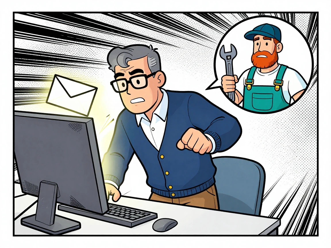 Sam clicks decisively; a glowing envelope flies from his monitor toward a circular portrait of Jack the plumber