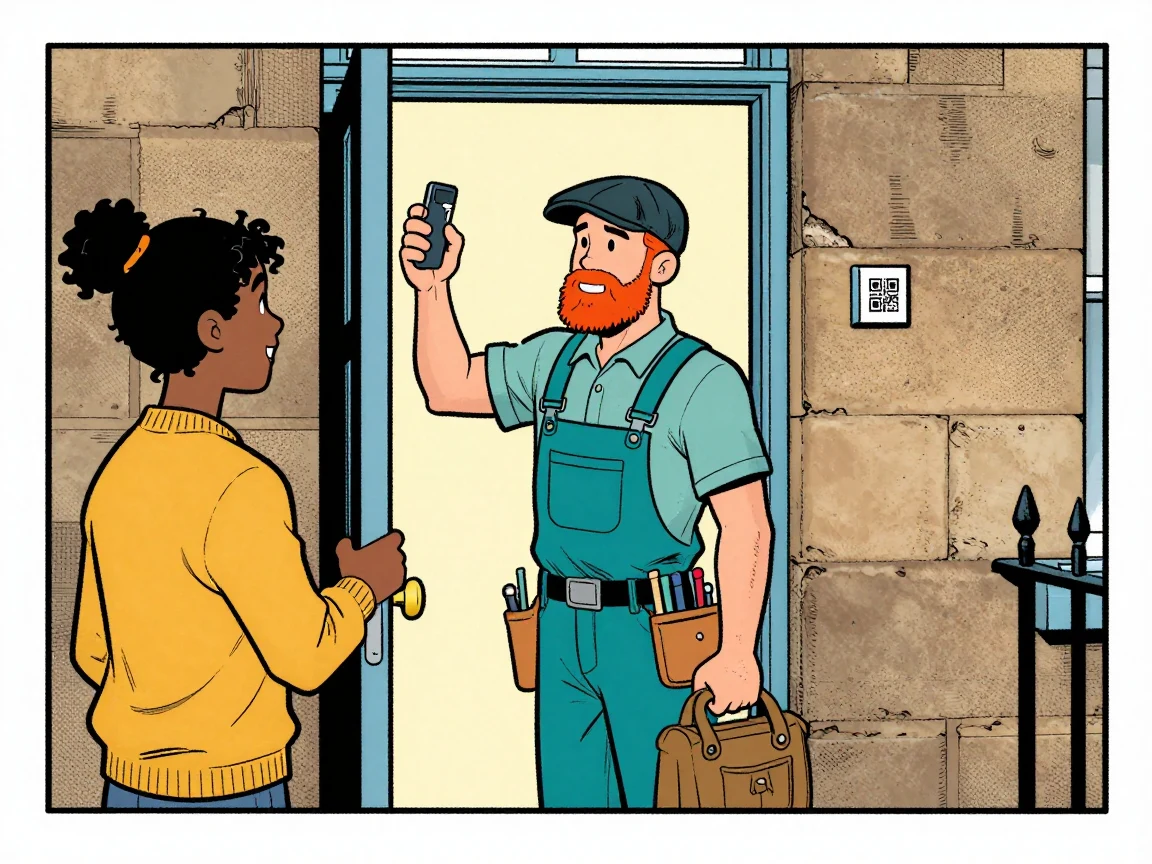 Jack the plumber at the tenement door scanning the QR sticker with his phone while Maya holds the door open