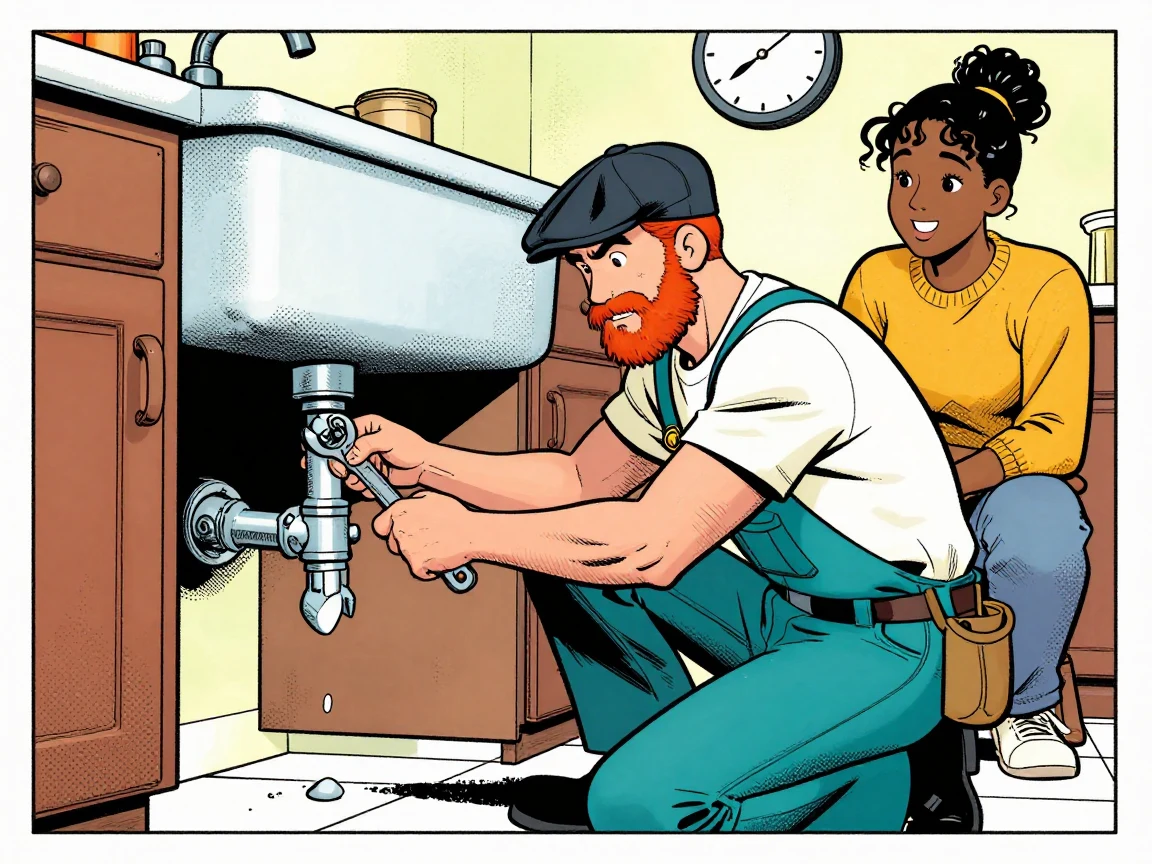 Jack tightens the pipe under the sink with a wrench, the leak fixed, while Maya watches with relief