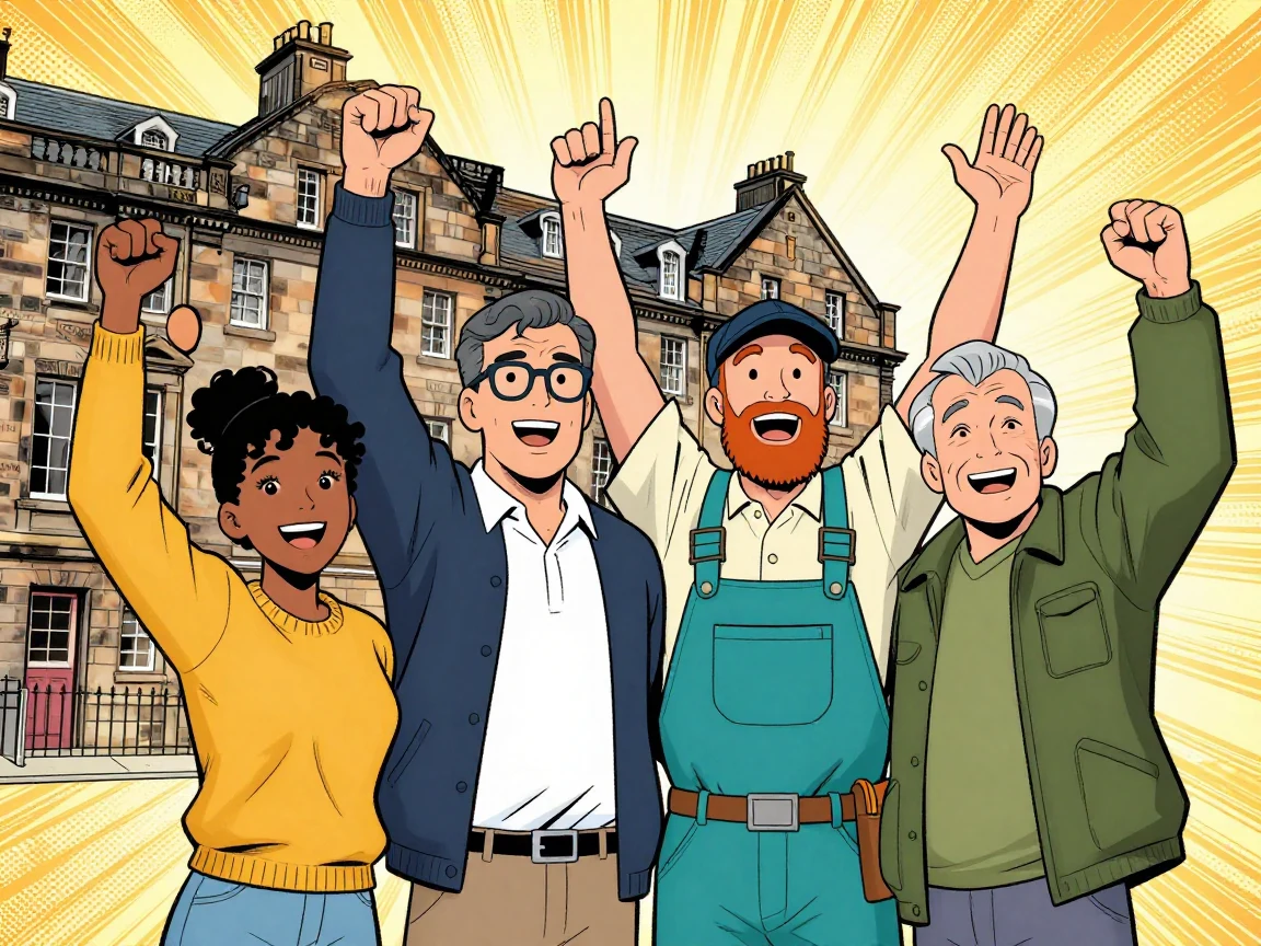 Maya, Sam, Jack and the landlord cheer with their arms raised in front of the tenement, sunburst behind them